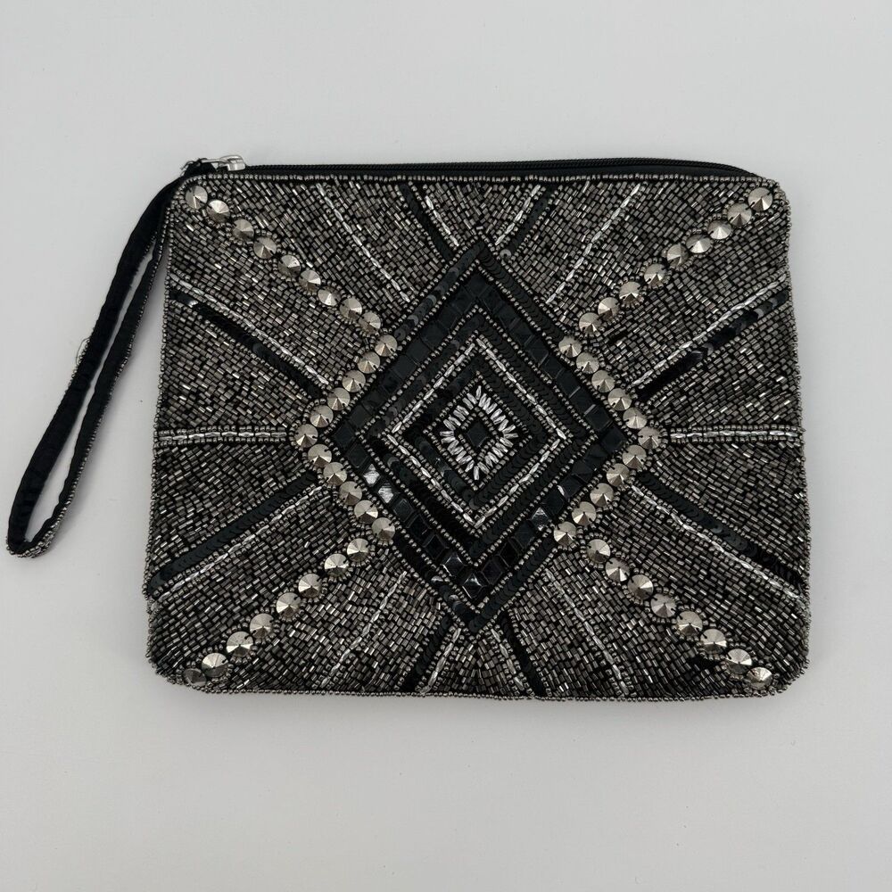 Unbranded Black Sequin Beaded Pouch Bag Travel India Silver Clutch